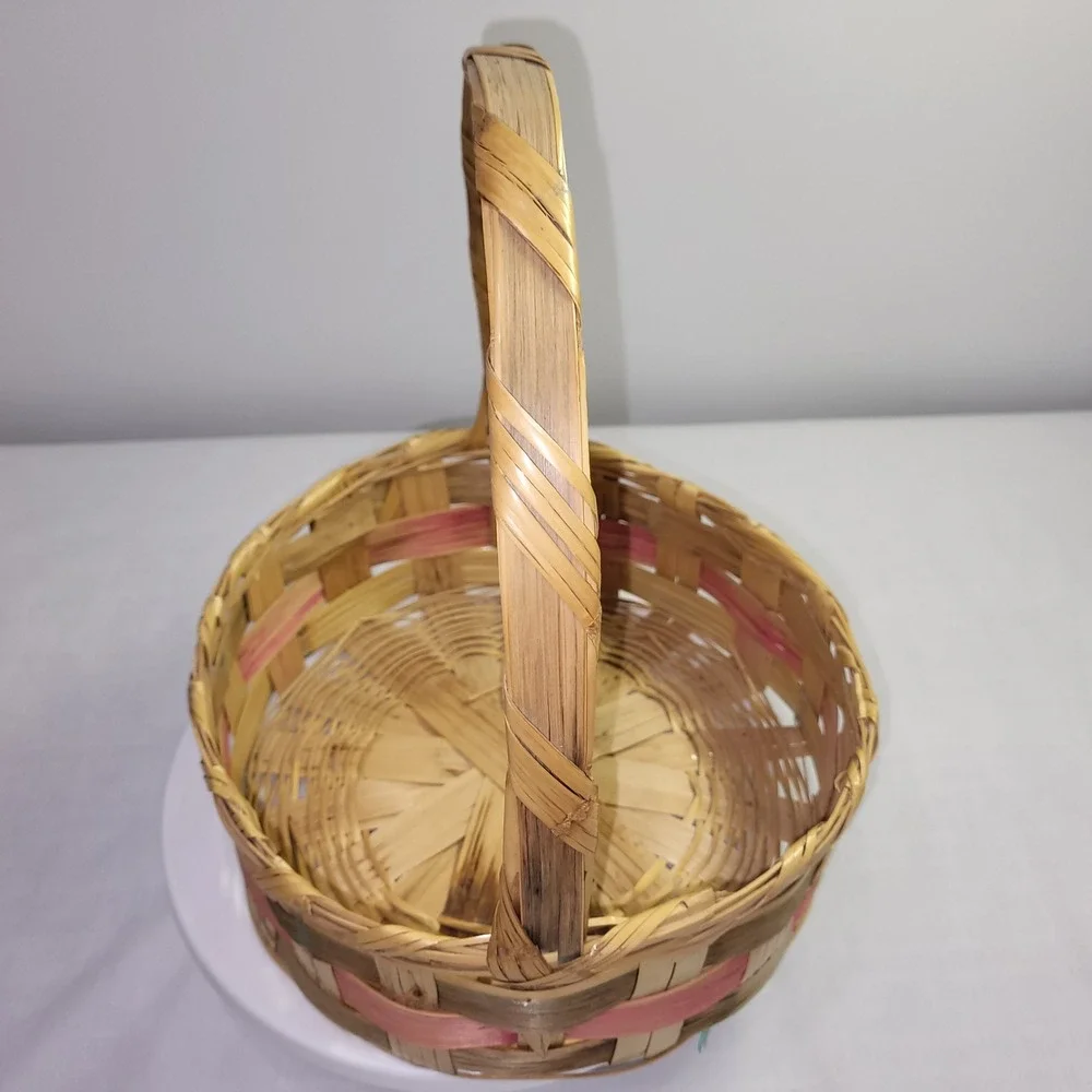 Vintage Woven Easter Basket Round Splint Wood Pink Green Accent Handle